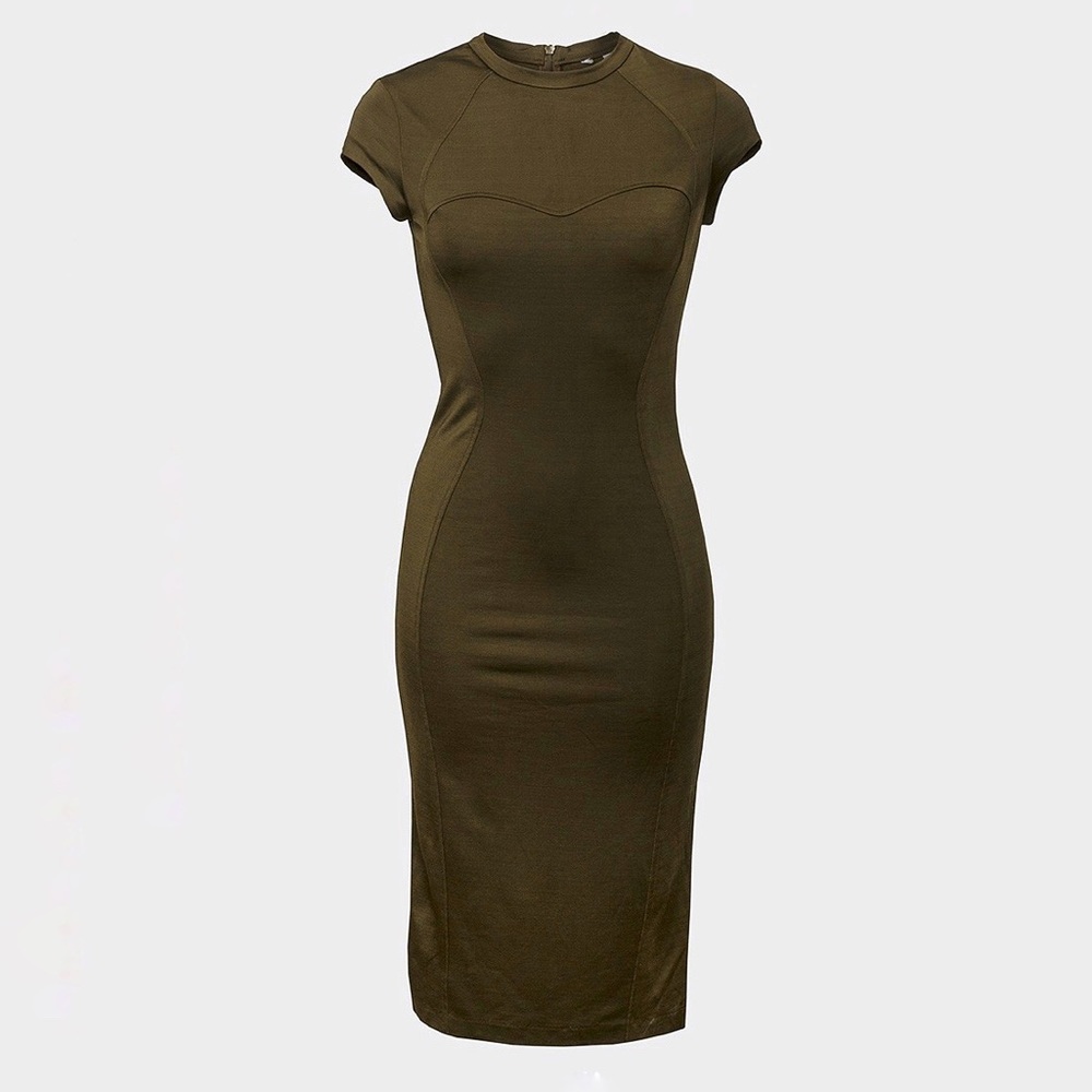 H&M Olive Green Bodycon Cap Sleeve Midi Dress